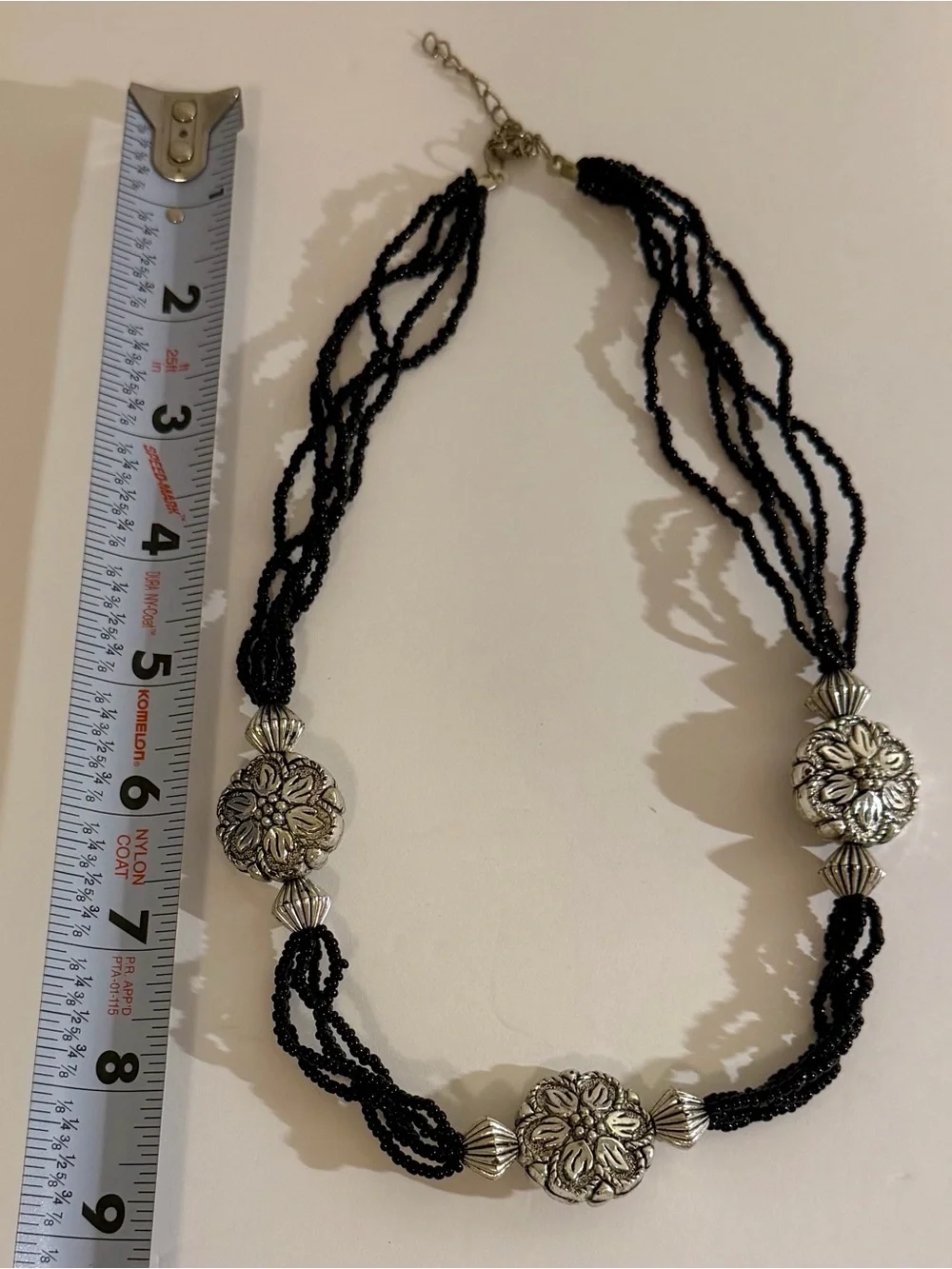 Black Beaded Multi Strand Necklace and Charm Bracelet Silver Tone Jewelry Set